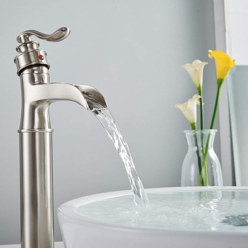 BATHFINESSE Bathroom Faucet Vessel Sink Faucet Waterfall Faucet for Sink 1 Hole with Pop Up Drain None Overflow Tall Bowl Sink Mixer Tap Deck Mount, Brushed Nickel - Image 4